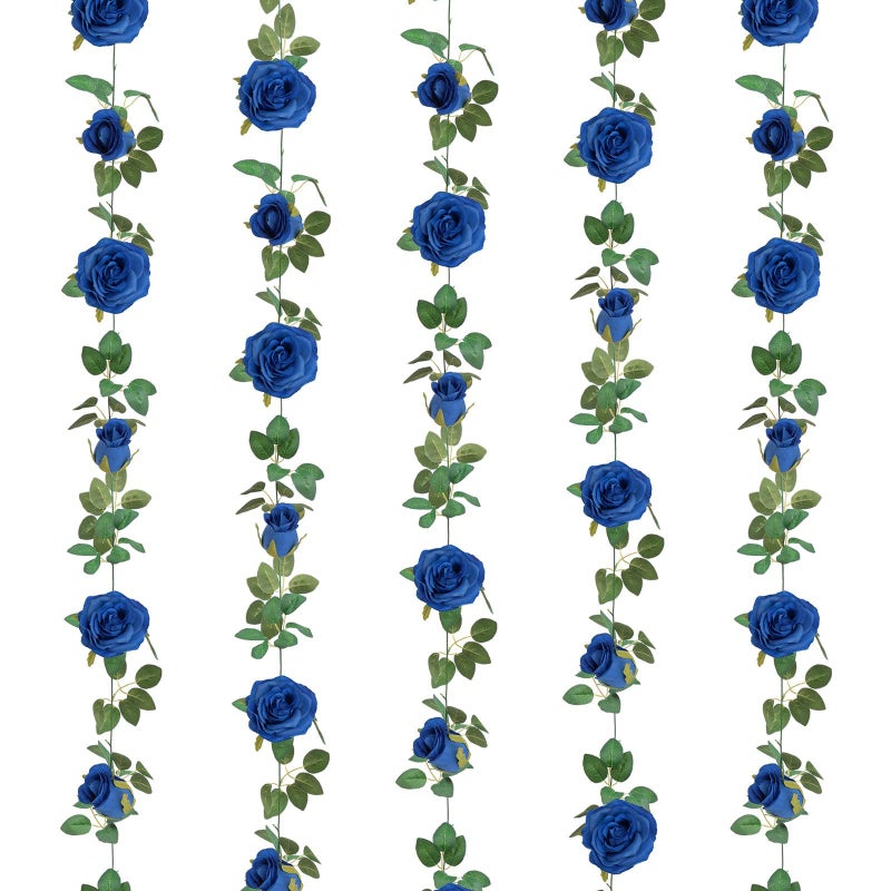 U'Artlines 5 Pack Artificial Royal Blue Rose Vines Floral Garlands Total 32.5 Ft Fake Vine Silk Flower Garland for Indoor Outdoor Home Wedding Arch Garden Wall Decoration - Image 1